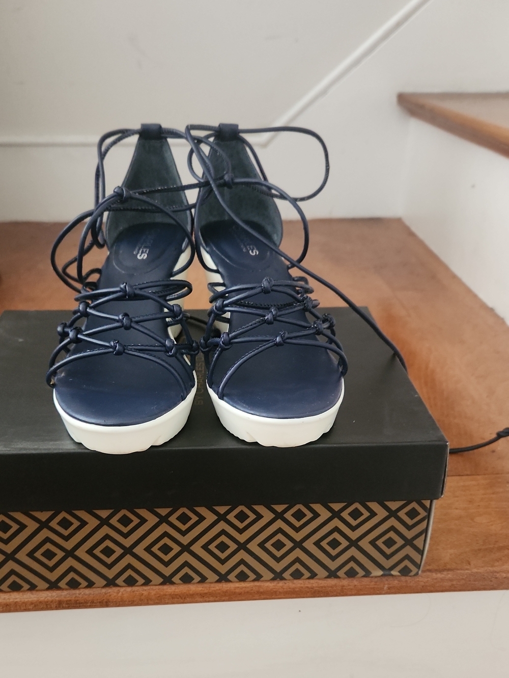 Charles David Navy Lace-Up Platform Sandals with White Sole